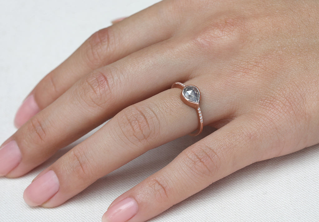 0.67ct Pear Rose-cut Grey Diamond & Rose Gold Pavé Bezel Ring