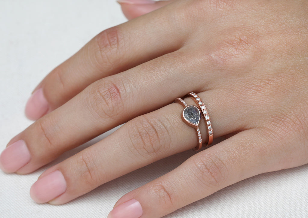 0.67ct Pear Rose-cut Grey Diamond & Rose Gold Pavé Bezel Ring