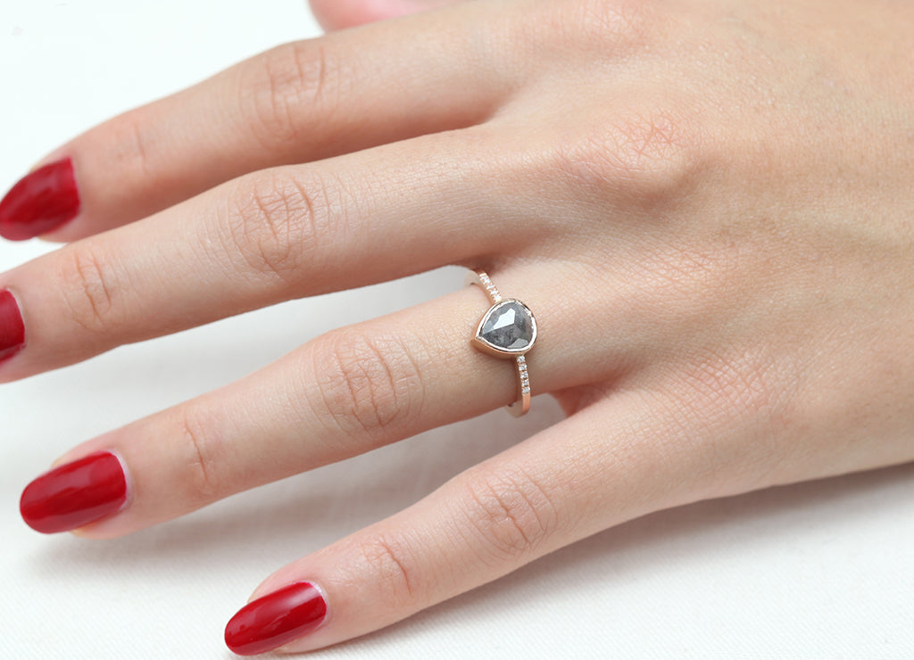 1.03ct Pear Rose-cut Grey Diamond & Rose Gold Pavé Ring