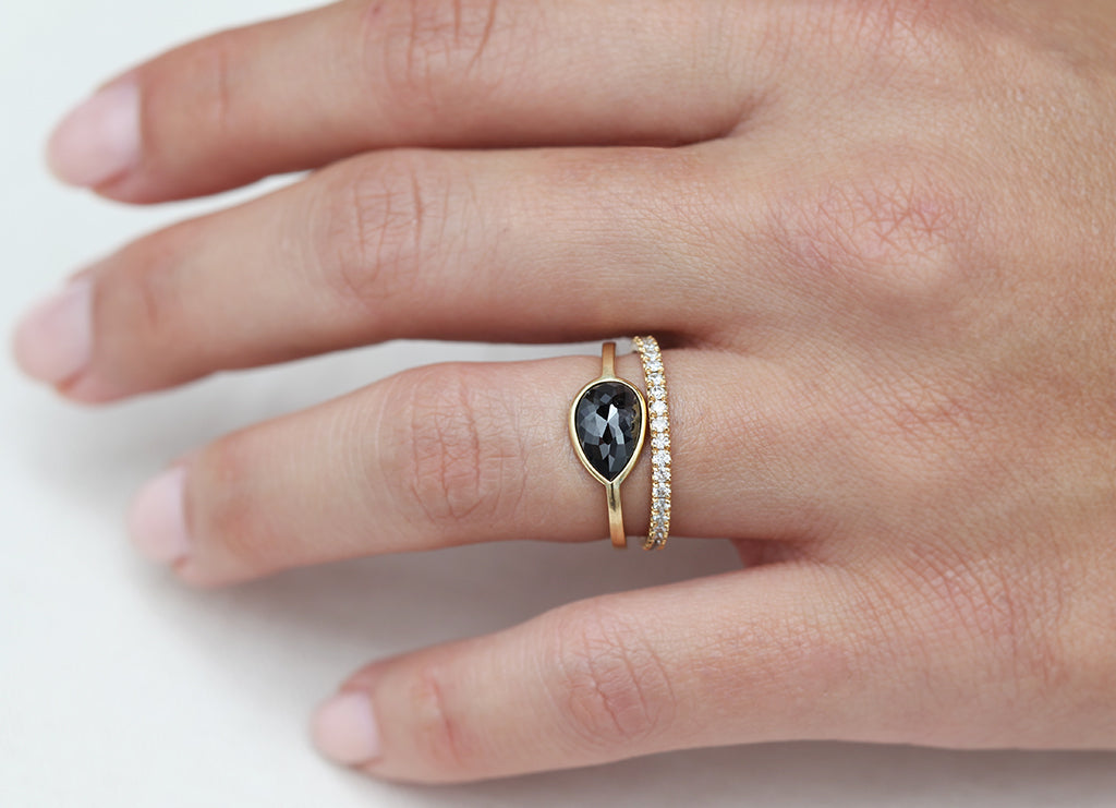 1.50ct Pear Rose-cut Black Diamond & Yellow Gold Wire Ring