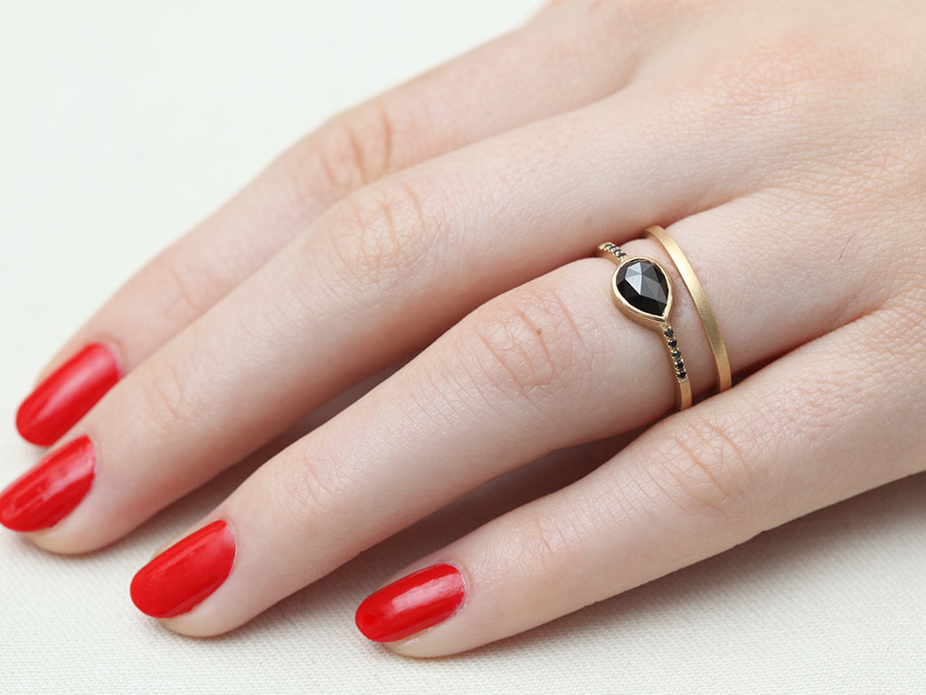 0.83ct Pear Rose-cut Black Diamond & Yellow Gold Pavé Bezel Ring