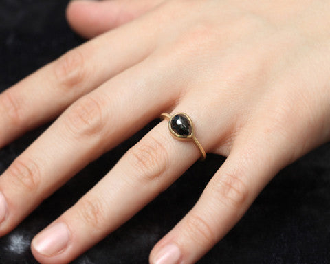 1.50ct Pear Rose-cut Black Diamond & Yellow Gold Bezel Ring