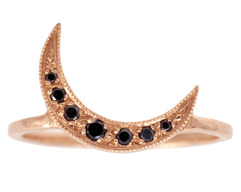 Black Diamond & Rose Gold Crescent Moon Ring