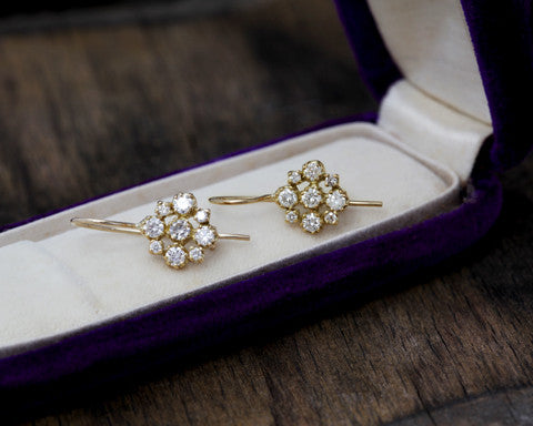 Marie Yellow Gold White Diamond Cluster Earrings
