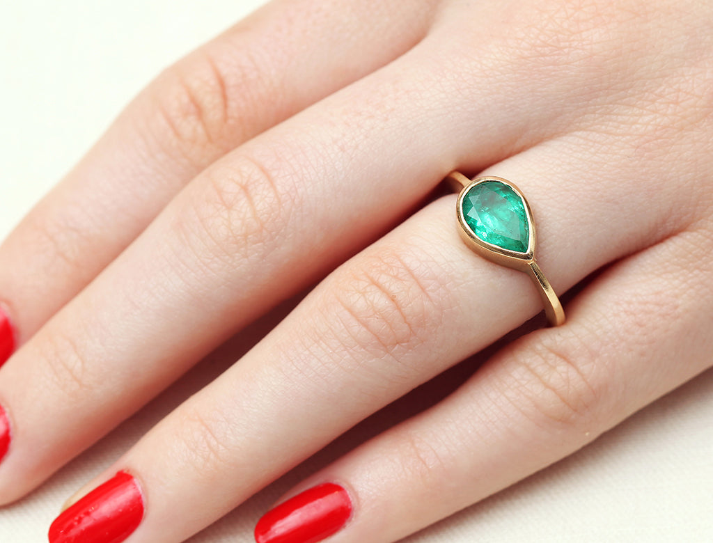 3.22ct Pear Rose Cut Emerald Ring