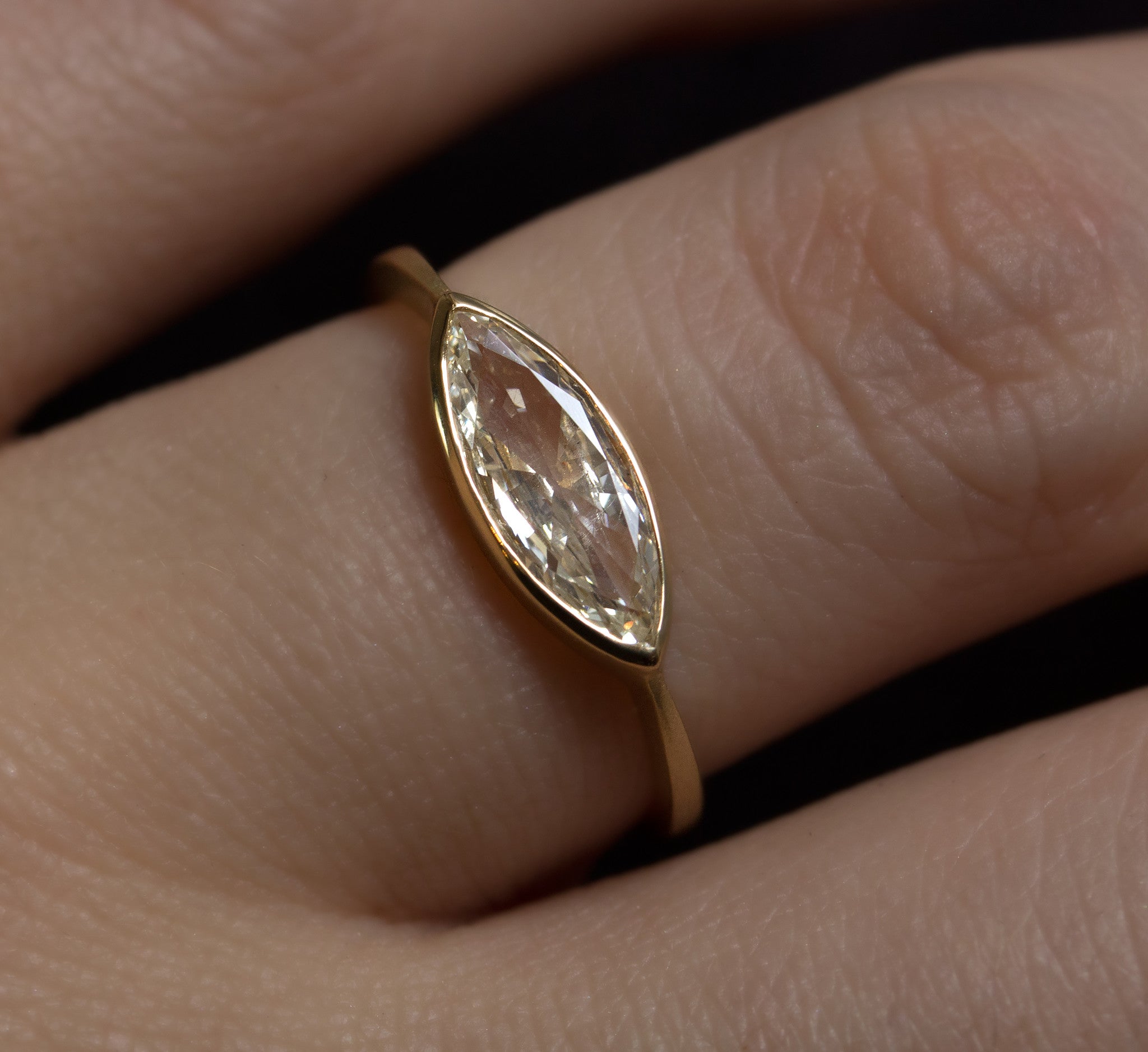 0.65ct Marquise Brillian-cut White Diamond & Yellow Gold Bezel Ring