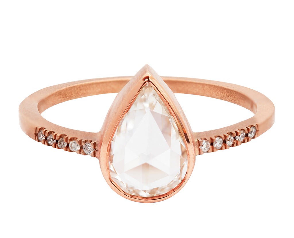 0.89ct Pear Rose-cut White Diamond & Rose Gold Pavé Bezel Ring