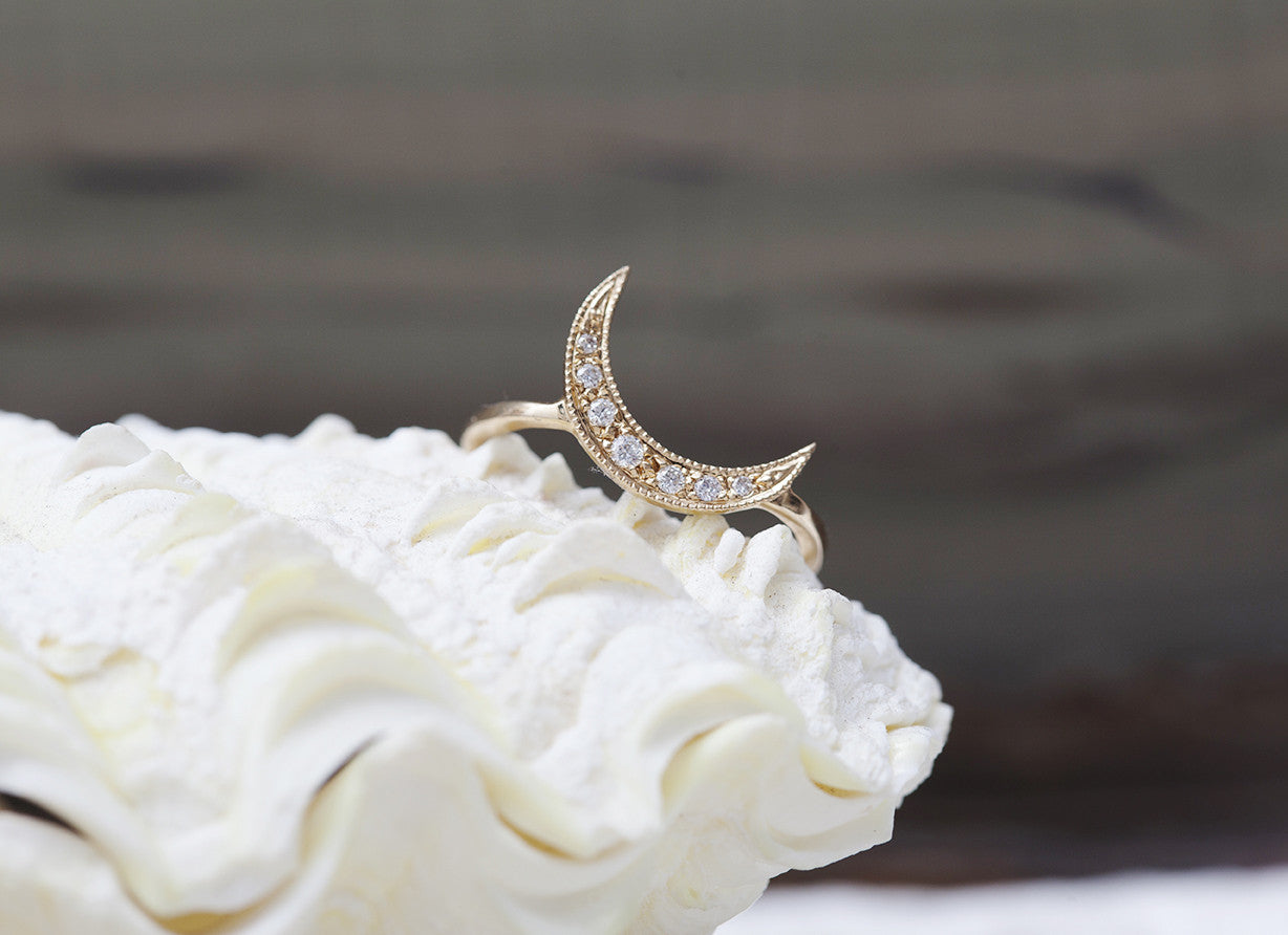 Yellow Gold & White Diamond Crescent Moon Ring