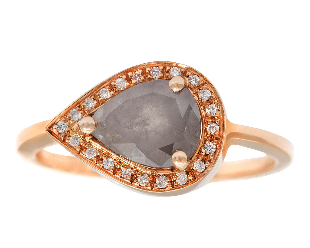 0.83ct Pear Grey Diamond White Diamond Halo Pavé & Rose Gold Bezel Ring